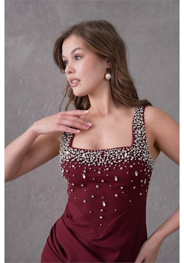 Dipmoda Kadın Taş Detaylı Askılı Uzun Abiye Elbise Dpnbs9367 Bordo
