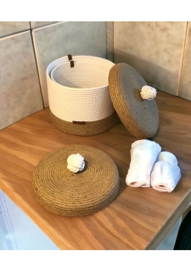 Hasır Sepet, 2'li Kapaklı Dekoratif Sepet