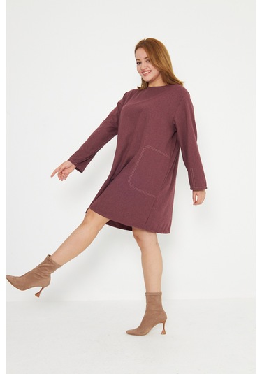 Bordo Dikiş Detaylı Büyük Beden Tunik Bordo