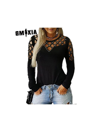 Gmxıa Kadın Modası Rahat Yazlık Hollow Iron Matkap Düz Renk Baskı Uzun Kollu O-yaka Bol Bluzlar Ve Gömlekler Mavi