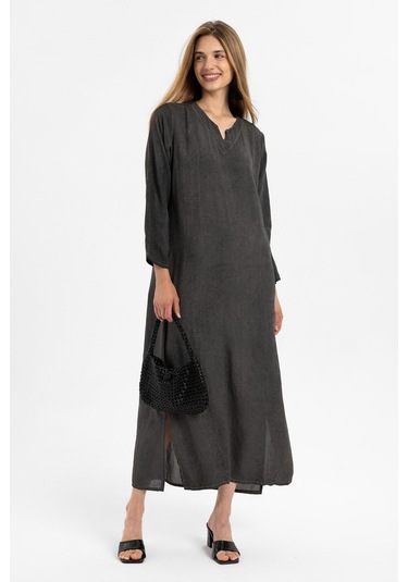 Siyah İşlemeli Uzun Kollu Astarsız Pamuklu Uzun Elbise-siyah Siyah