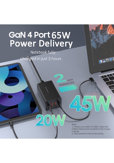Yaozixa 65w Gallium Nitride Pd Şarj Aleti, 4 Port 2 Usb-c + 2 Usb-a , Siyah, Avrupa Standardı, Çoklu Cihaz Şarjı