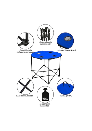 Yuvarlak Katlanır Kamp Masası, Taşıma Çantalı Kamp Masası, Piknik Masası-mavi-71x71x60 Çok Renkli