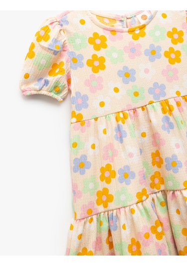 Koton Bisiklet Yaka Balon Kollu Katlı Çiçekli Elbise Bej Desenli 5smg80003ak Ekru Desenli Ekru