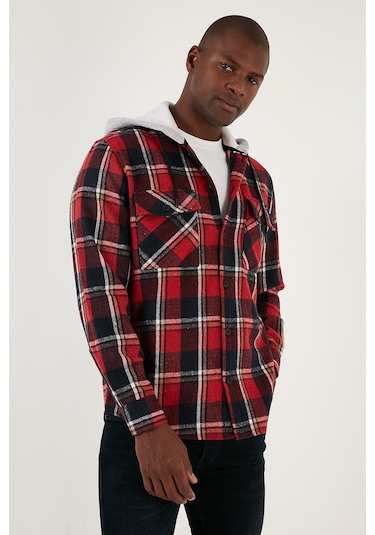 Buratti Ekoseli Çift Cepli Kapüşonlu Oduncu Erkek Gömlek Cf22W2650 Kırmızı-Lacivert