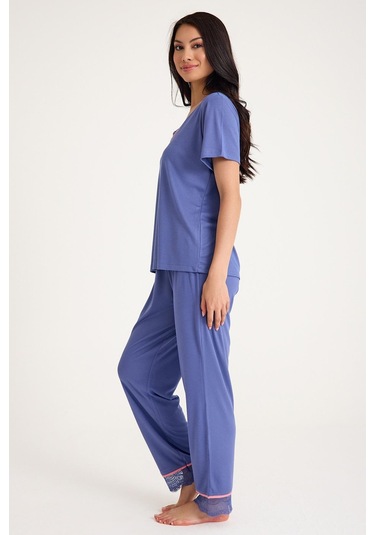 Dream Gri Mavi Viskon V Yaka Dantel Detaylı Pijama Takımı Mavi