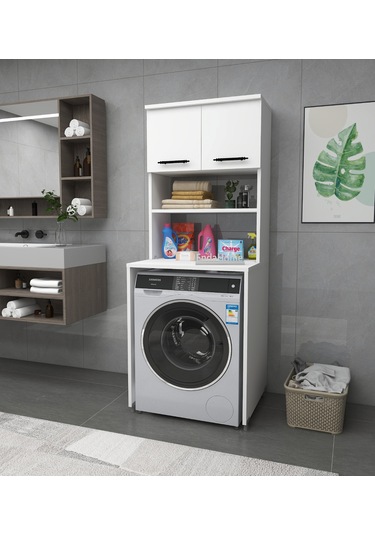 Enda Home 3 Raflı Kapaklı Çamaşır Makinesi Banyo Dolabı Beyaz