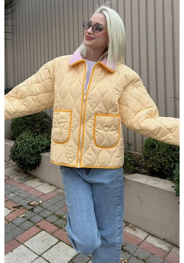 Sarı Pötikareli Cepli Kadın Mont Mg2488 Sarı