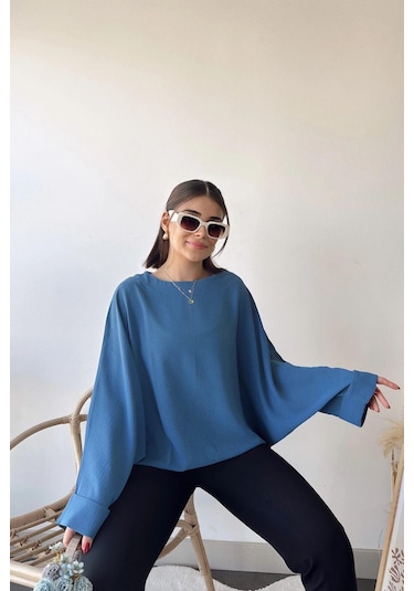 Kadın İndigo Airobin Yarasa Duble Kol Salaş Bluz Ekstra Oversize Yuvarlak Yaka - Tesettüre Uygun Indigo
