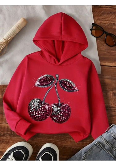 Kışlık Kapüşonlu Sweatshirt, Çocuk Pırlanta Kiraz Baskılı Kırmızı