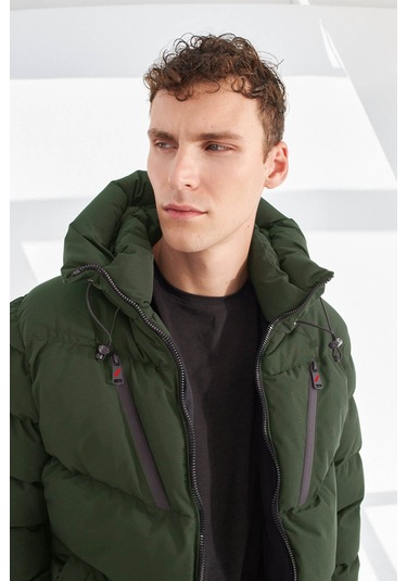 Delpino Su Ve Rüzgar Geçirmez Kapüşonlu Şişme Haki Erkek Mont 2183 Haki