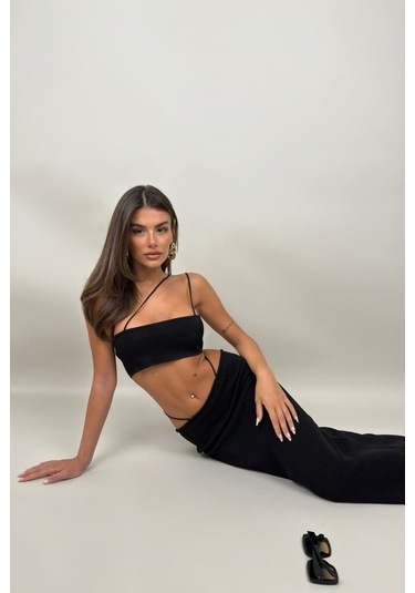 İp Detay Dokulu Maxi Etek Siyah