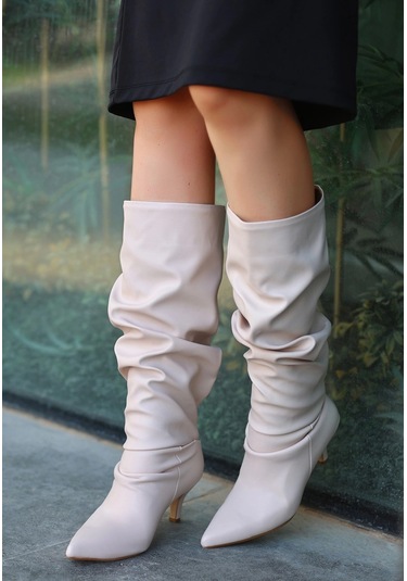 Zelya Bej Cilt Topuklu Çizme Bej