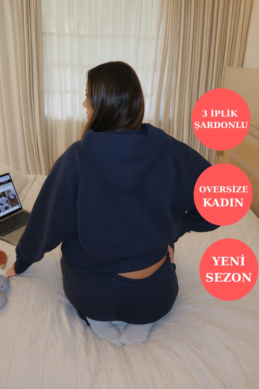Q-4008 Kapüşonlu Üç İp Şardonlu Sweat Lacivert