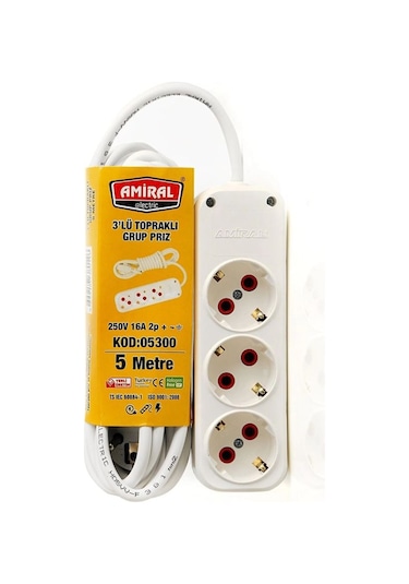 Amiral 3' Lü Topraklı 5 Metre Kablolu Grup Priz 5 M