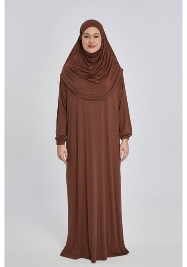 Pratik Başörtülü Rahat Giyilebilen Organik Tek Parça Namaz Elbisesi Çikolata