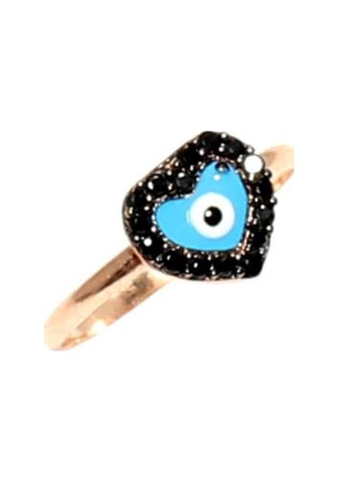 925 Ayar Gümüş Kalp Modeli Yüzük, Pembe - Siyah Taş