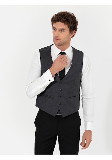 Cacharel Antrasit Slim Fit Yün Karışımlı Yelek Gri