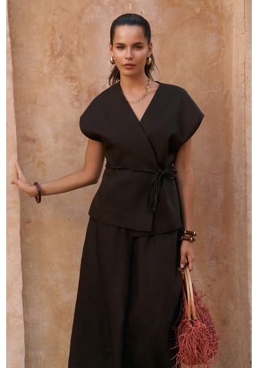 Fiametta Salaş Acı Kahve Keten Yelek Etek Takım Acı Kahverengi