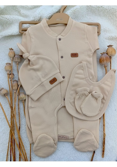 Kız Erkek Bebek Yeni Doğan Bej Waffle 5 Patrça Hastane Çıkışı Bej