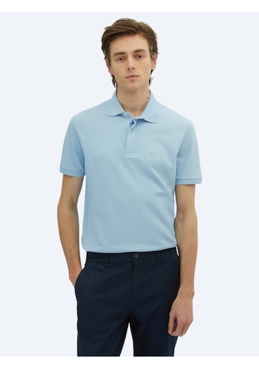 Mavi Düz Polo Yaka %100 Pamuk T-shirt Mavi