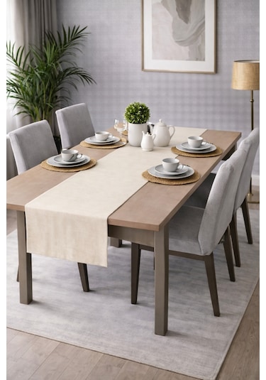 Perdeyap1980 Kadife Dokulu Krem Renk Ada Serisi Runner 40 X 140 Cm Krem