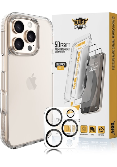 Buff Apple Uyumlu iPhone 16 Pro Max - Kılıf + Ekran Koruyucu + Lens Koruyucu Şeffaf