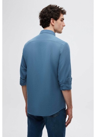 D'S Damat Ds Damat Slim Fit İndigo Düğmeli Yaka %100 Pamuk Yazlık Flamlı Keten Görünümlü Gömlek 6HC02ORT63265 İndigo