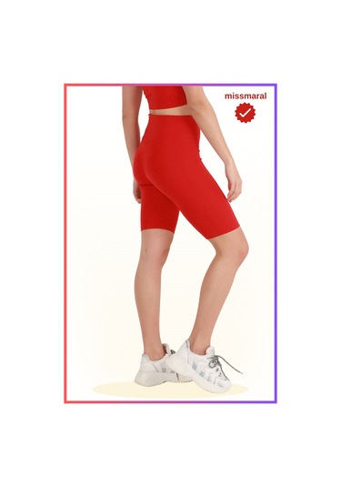 Kadın Yüksek Bel Toparlayıcı Tayt Kısa Spor Şort Deniz Havuz Spor Biker Shorts Kırmızı 1070 Kırmızı