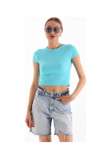 Kadın Likralı Kısa Kol Crop Bluz Turkuaz
