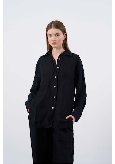 Kadın Keten Gömlek Pantolon Takım Siyah