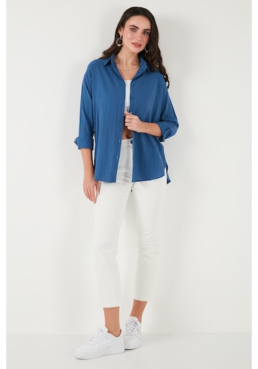 Lela Regular Fit Uzun Kollu Dokulu Bayan Gömlek 6772799 Indigo