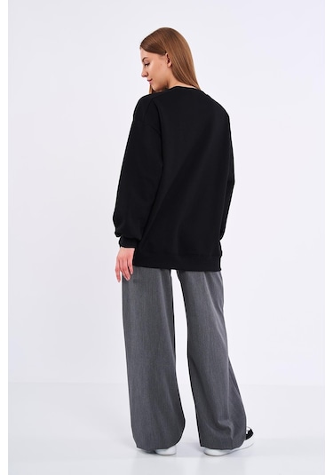 Comeor Siyah Kadın Pamuklu Oversize Basic Bisiklet Yaka Sweatshirt Siyah