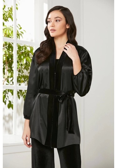 Pierre Cardin Kadife Saten 3'lü Kadın Crop'lu Pijama Takımı 2050 - Siyah