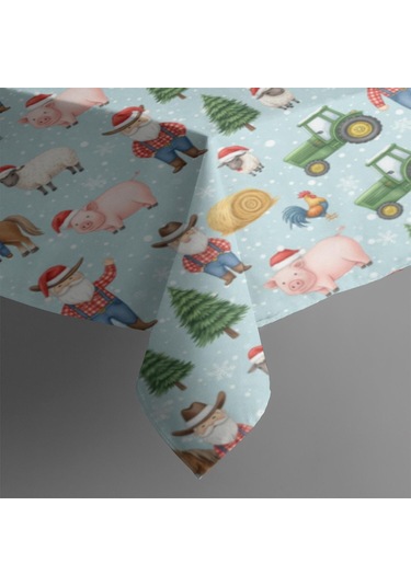 Noel Desenli Dikdörtgen Masa Örtüsü 60x84 İnç, Su Geçirmez Ve Leke Tutmaz Noel Çiftlik Baba Noel