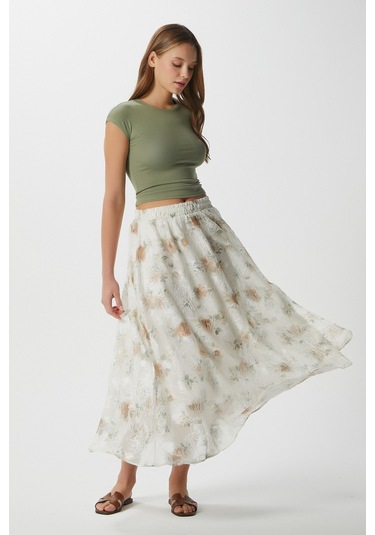 Kadın Rosary Astarlı Bel Lastikli Çiçek Desenli Etek Krem