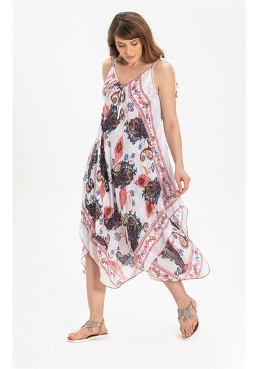 Askılı Vual Afrodit Midi Boy Elbise Beyaz 6144