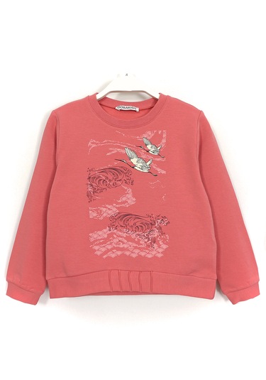 Leylek Baskılı Kız Çocuk Uzun Kollu Basic Sweatshirt Mercan 2023 Mercan