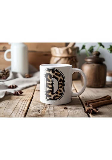 D Baş Harf Leopar Desenli Kupa Bardak - Kişiye Özel Feminen Konsept Hediye - Vahşi Hayvan Desenli Beyaz