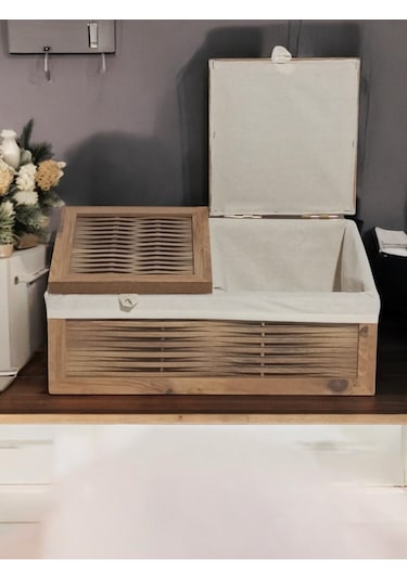 Ahşap 2 Kapaklı Ekmek Sepeti Yıkanabilir Kumaşlı Atlantik Çam Ahşap