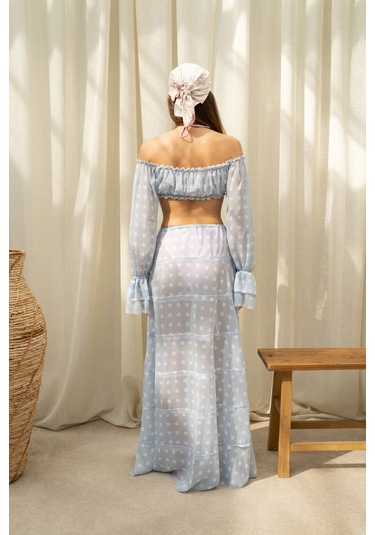 Mai Collection Samos Puantiyeli Mavi Crop Etek Takım