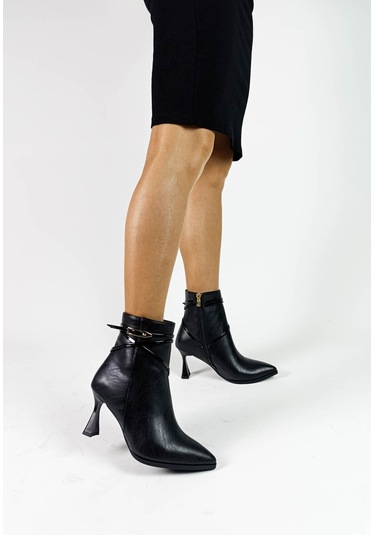 Siyah Renk Sivri Burun Kadeh Topuk Fermuarlı Kadın Bot Siyah