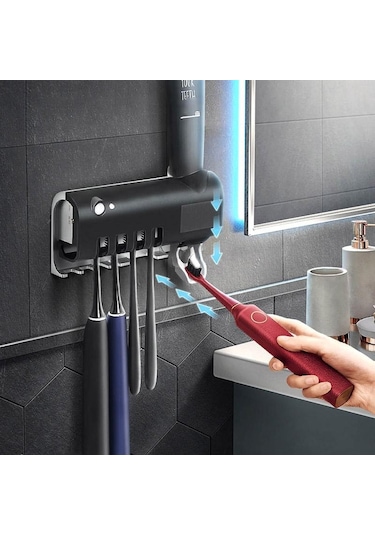 Siyah Mengnı Güneş Enerjisi Uv Diş Fırçası Tutucu Otomatik Diş Macunu Sıkacağı Duvara Monte Diş Macunu Dispenseri Ev Banyo Aksesuarları Siyah