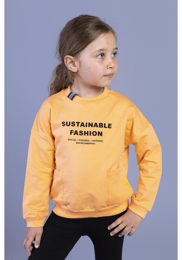 Toontoy Kız Çocuk Cep Detaylı Baskılı Sweatshirt Turuncu