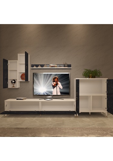 Decoraktiv Eko 6 Mdf Std Gold Tv Ünitesi Tv Sehpası Beyaz - Siyah Mermer