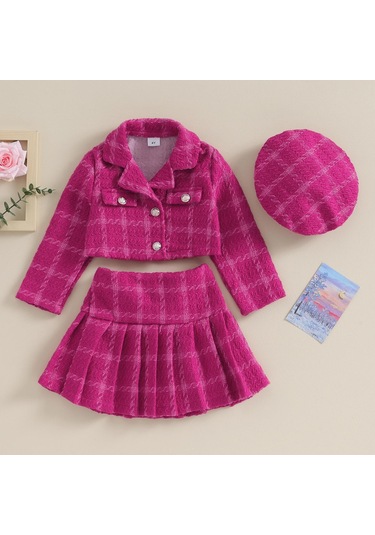 Açık Pembe Kızlar Sonbahar 3 Parça Kıyafetler 4y 5y 6y 7y Uzun Kollu Düğme Ceket Pilili Ekose Etek Şapka Seti Açık Pembe