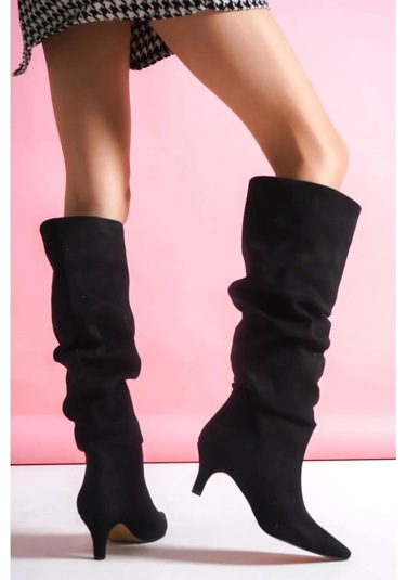 Zelya Siyah Süet Topuklu Çizme Siyah Süet