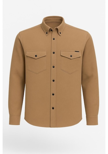 Yxc Uzun Kol Slim Fit Erkek Örme Cepli Gömlek - 7438 Bej