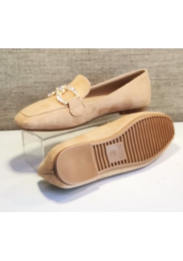 Aycan 1616 Kadın Süet Taşlı Babet Ayakkabı Süet Kum Bej