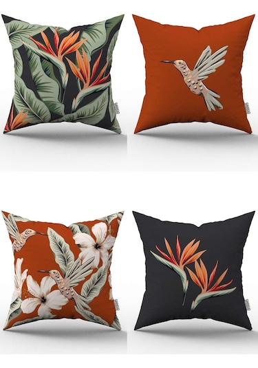 Turuncu Çiçek Kuş Desenli Dijital Baskılı Kırlent Kılıfı Seti 4kmbs324